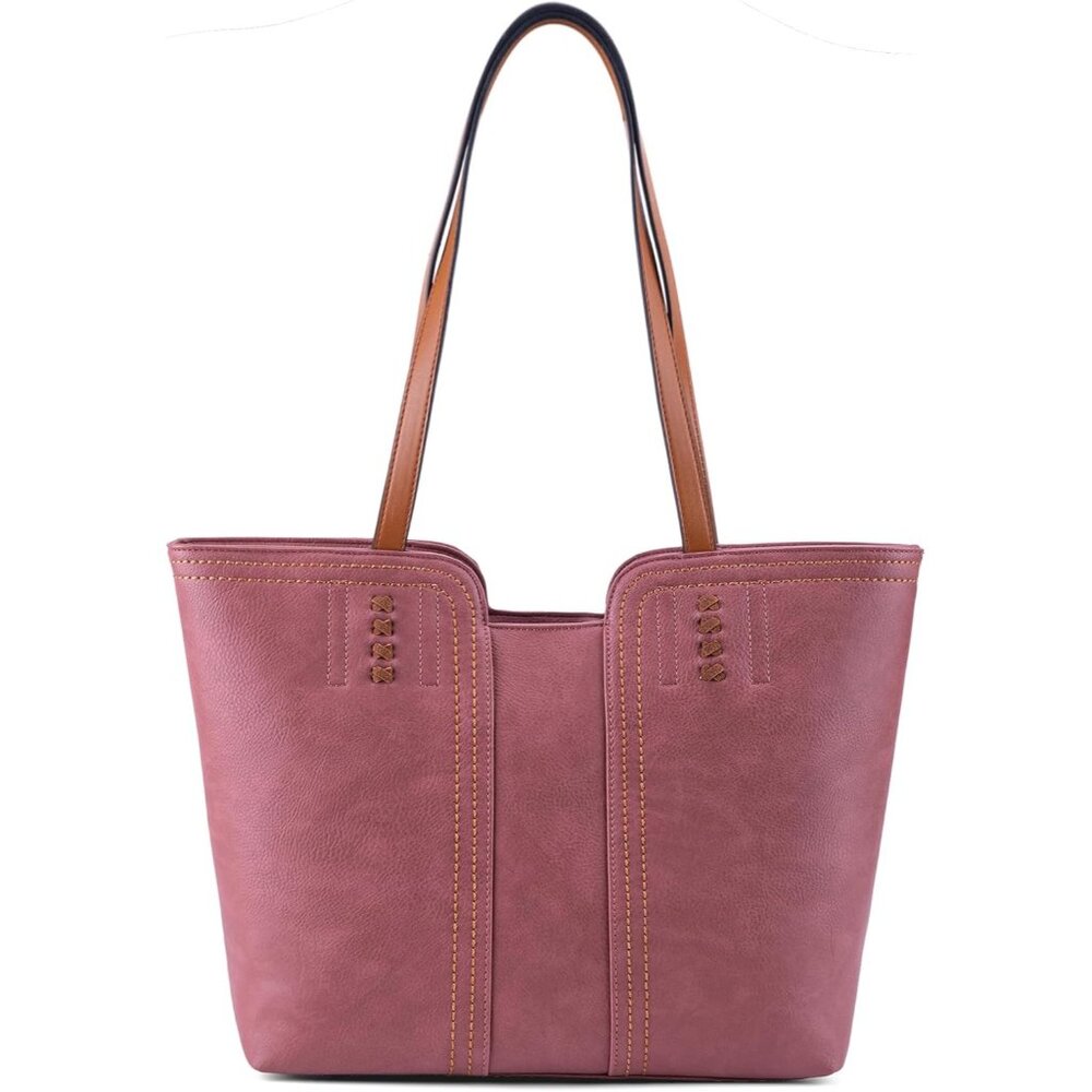 〽️Women's Mauvewood Pink Leather Classic Top Handle Zipper Pockets Tote Bag